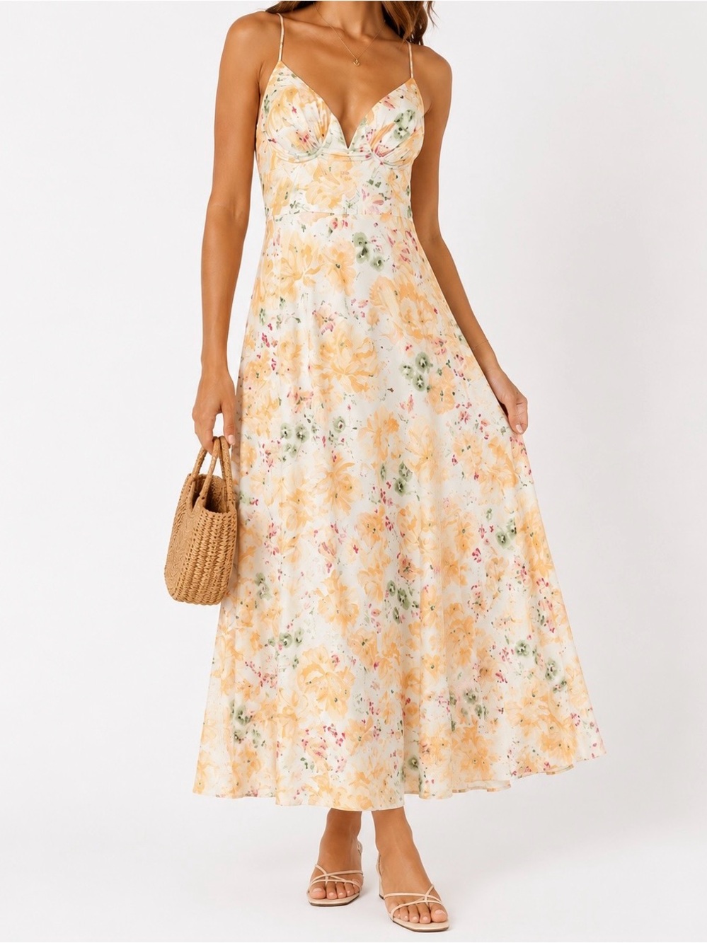 Floral Spaghetti-Strap Midi Dress in Yellow